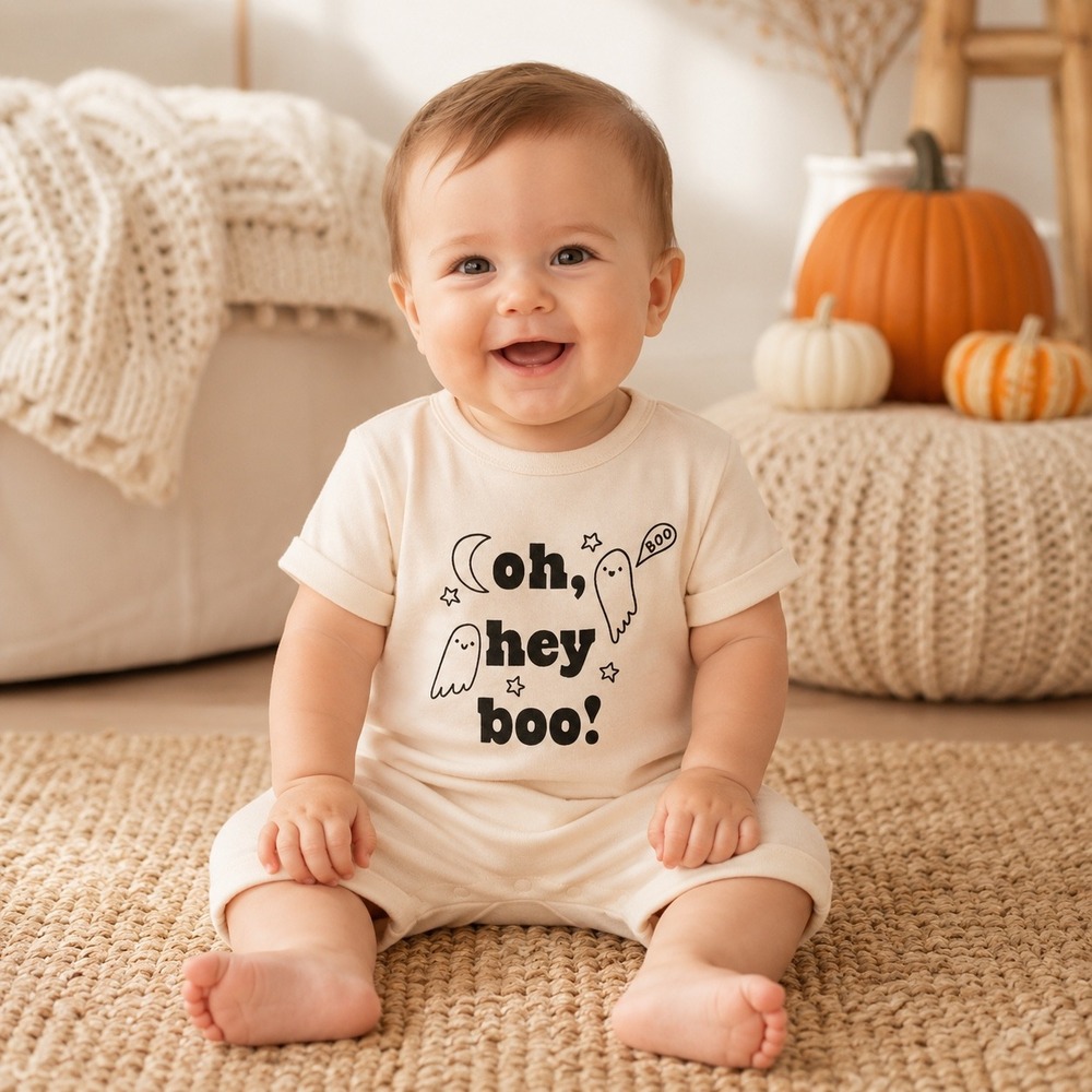 Cat & Jack Baby Halloween Romper 6M-9M Cream Oh‎ Hey Boo Ghost Short Sleeve NEW